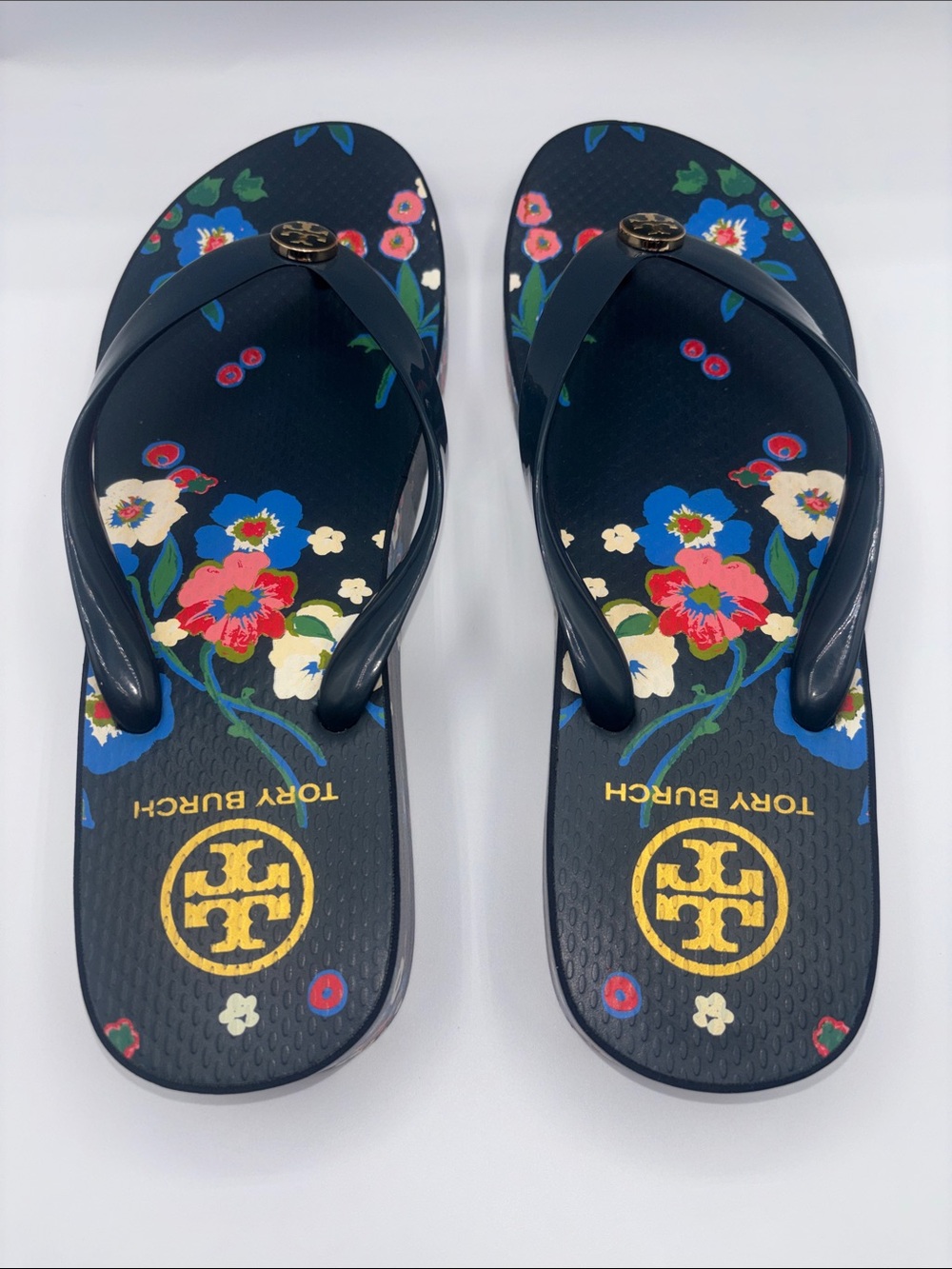 Tory Burch Navy Floral Logo Thong Sandals - Picture 6 of 9